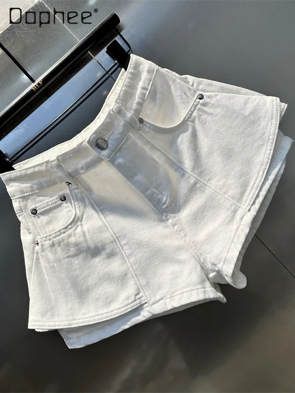 ストリートスパイスガール偽ツーピーススプライシングデニムショーツ女性夏の通勤スタイルファッション無地カジュアル多用途ショーツ