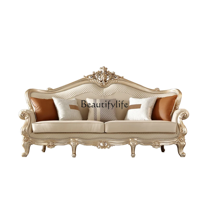 French light luxury solid wood leather sofa European court carved large flat floor living room