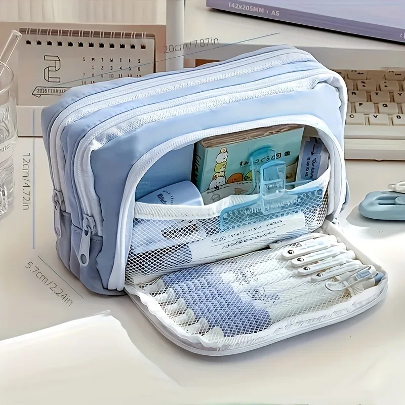 Estuche para lápices verde menta de gran capacidad con bonito diseño de dibujos animados: organizador de papelería portátil de moda con múltiples compartimentos