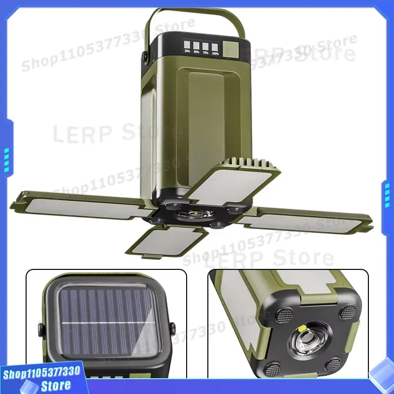 Portable Solar Camping Light with Battery Level Display Waterproof Folding Tent Lamp Rechargeable LED Flashlight for Outdoor