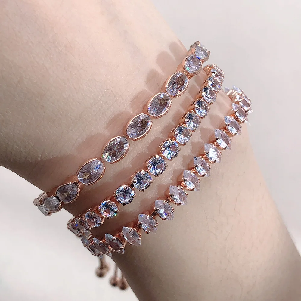 Geometry Tennis Bracelets on Hand Kpop Zirconia Rose Gold Color Silver 1PC Adjustable Ice Chain Bangle Women Friend Gift Jewelry