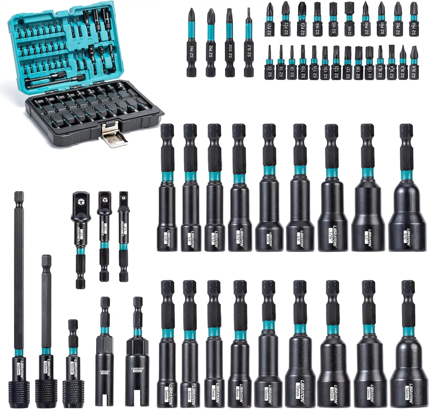 

54PCS Magnetic Nut Driver Set with Impact Drill Bits, Socket Adapters, and Storage Box for Professional Use