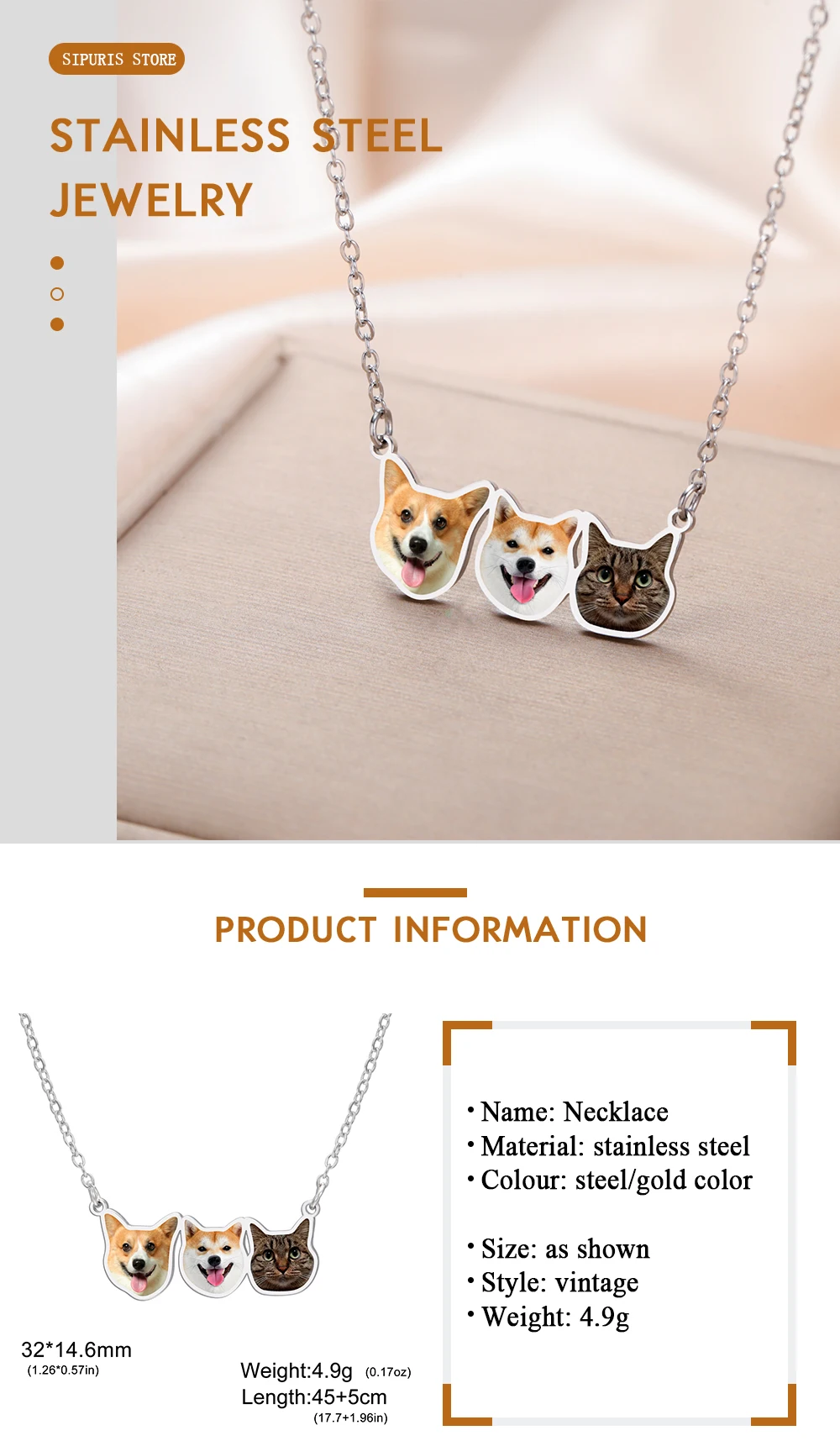 Sipuris Personalisierte Foto-Halskette aus Edelstahl, Farbige Namensschild-Anhänger-Halskette für Haustiere, Hunde, Katzen, Menschen und Familien, Schmuck-Geschenke – Detail 5