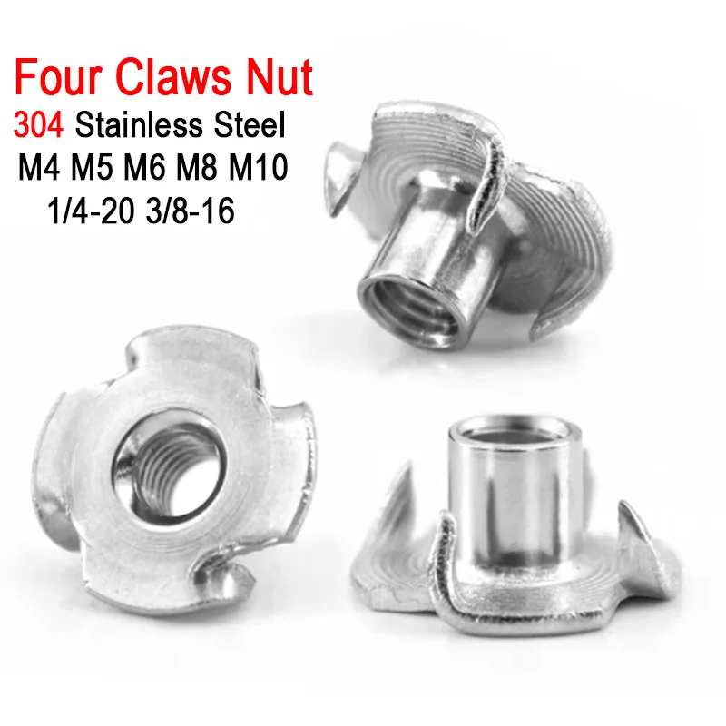 A2 304 Stainless Steel Four Claw T-Nuts Wood Furniture Speaker Thread Insert Nuts Metric M4 M5 M6 M8 M10 UNC 1/4-20 3/8-16