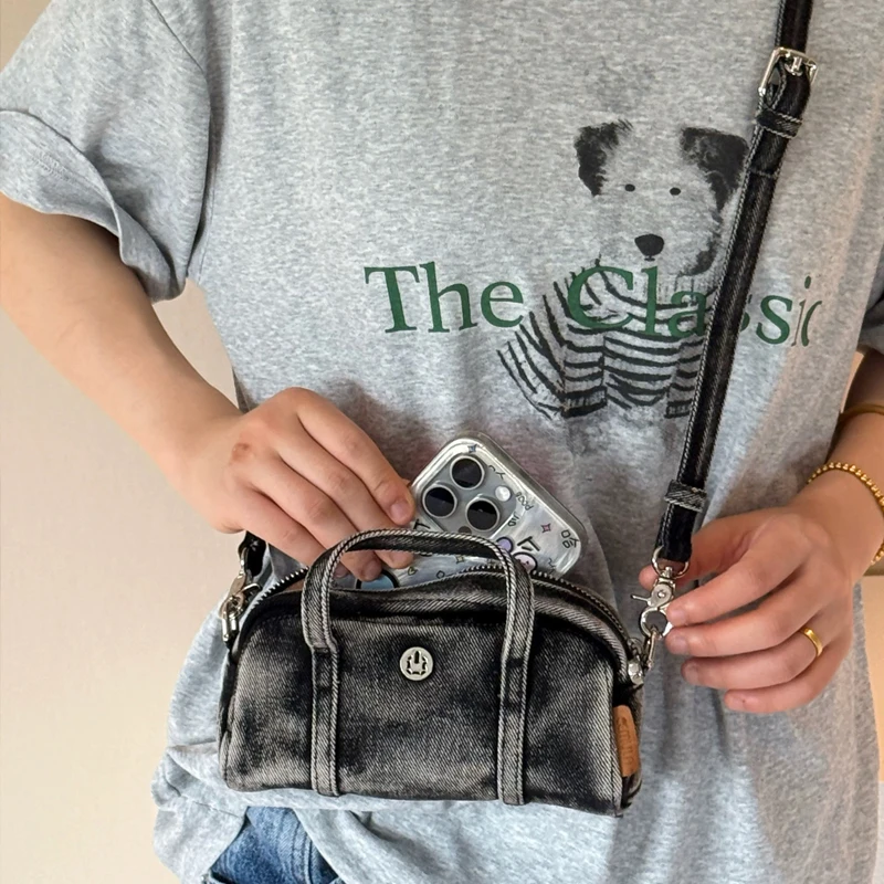 Tas Kotak Denim Mini Kasual Korea Untuk Wanita Tas Tangan Desainer Mewah Dompet 2025 Baru Dalam Proses Pencucian Kain Berpayet Bahu