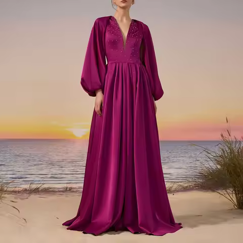 Custom Made V-neck Long Puff Sleeve High Quality Evening Dress Maxi A-line Backless Pleated Bridal Party Dress with Train