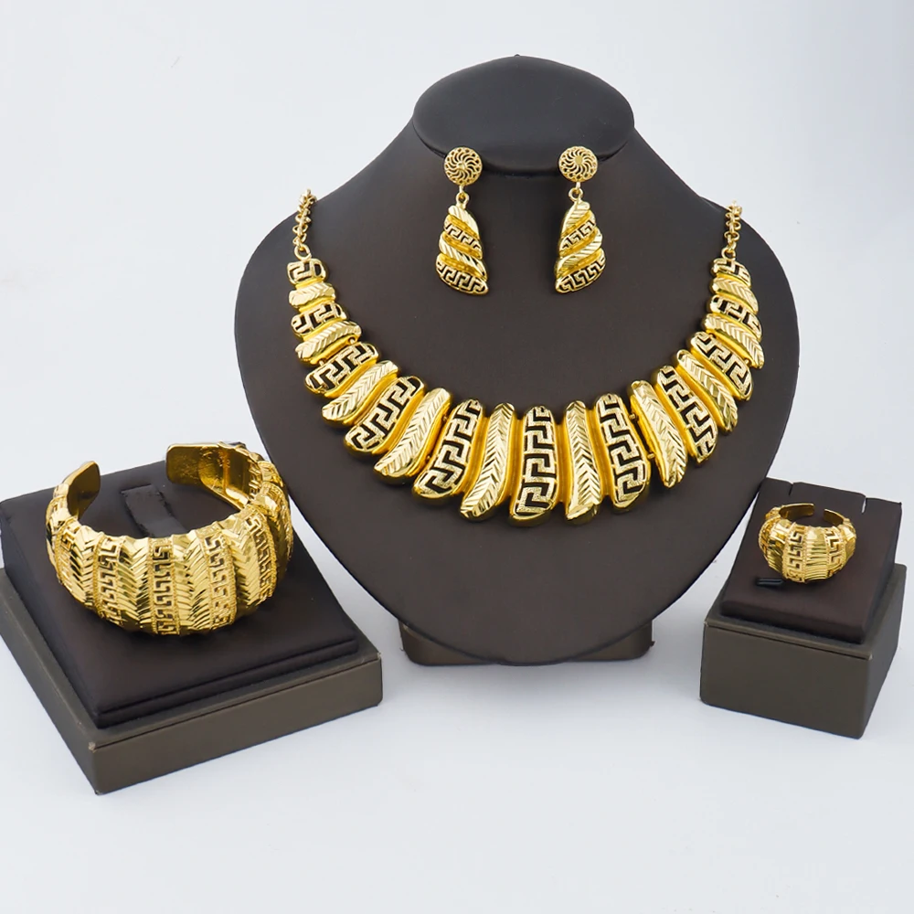 

Fashion 18k Gold Plated Jewelry Set Dubai African Choker Necklace Earrings Bracelet Ring Sets Wedding Party Jewellery Gifts