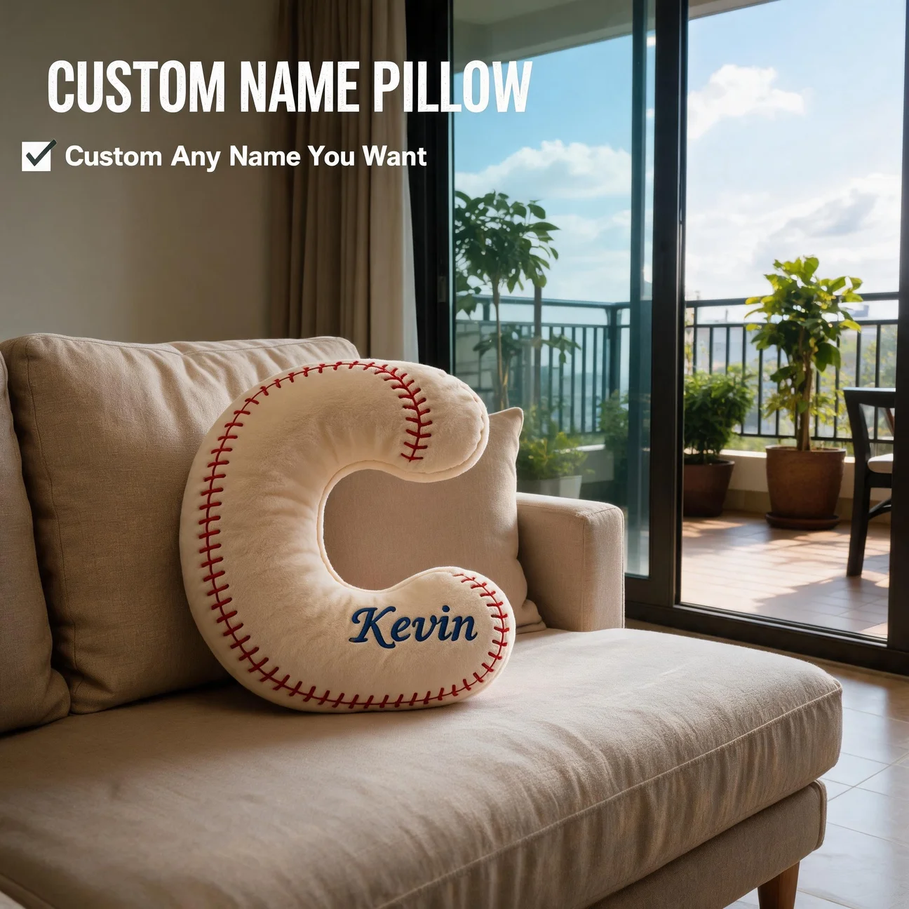 Custom Photo Baseball Stitch Letter C Shaped Pillow Personalized Name Decorative Cushion Unique Home Accent for Sofa Bedroom Man