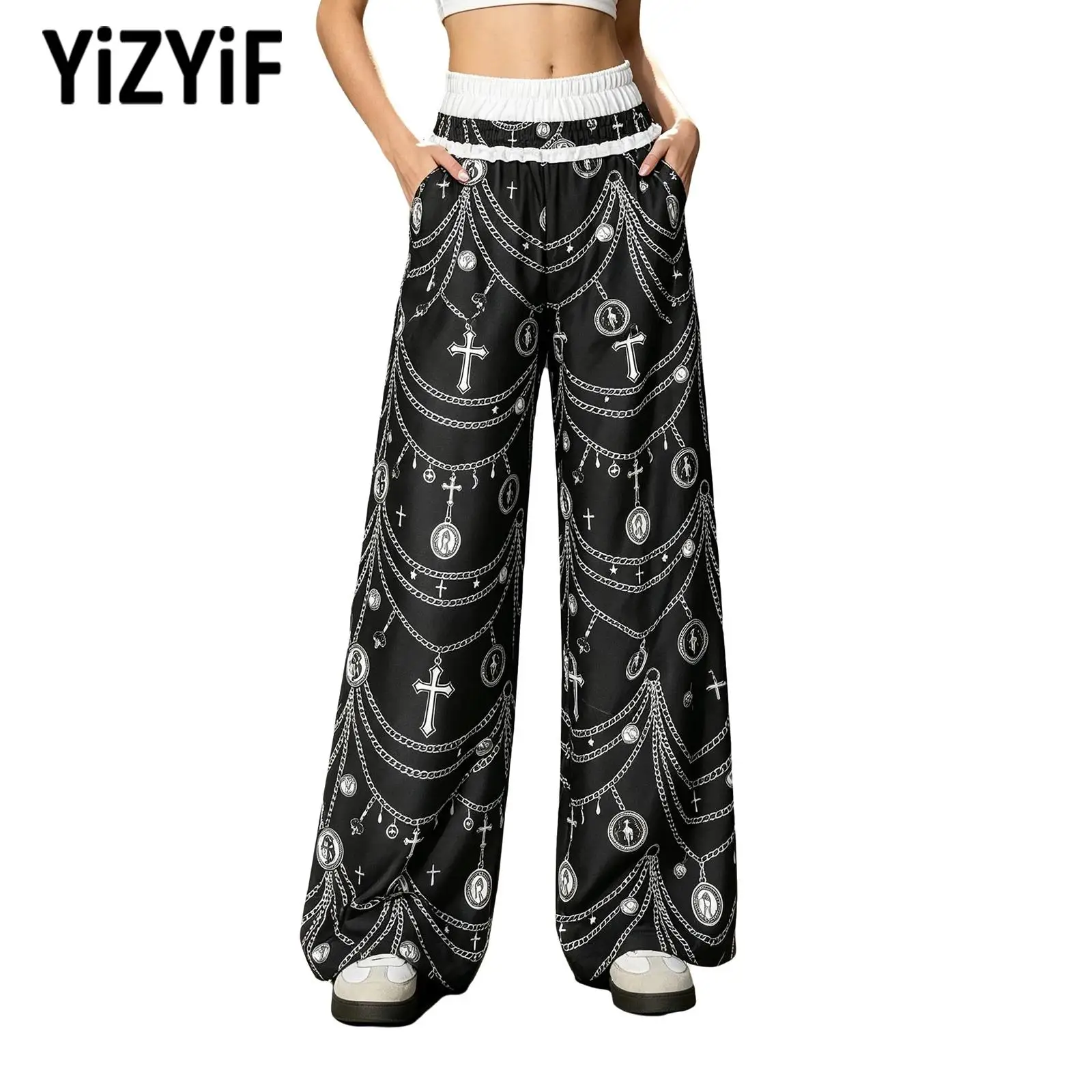 Women Hip-hop Jazz Dance Costume Chain Printed Pants Color-blocked Elastic Waist Trousers Pockets for Skateboarding Sportswear