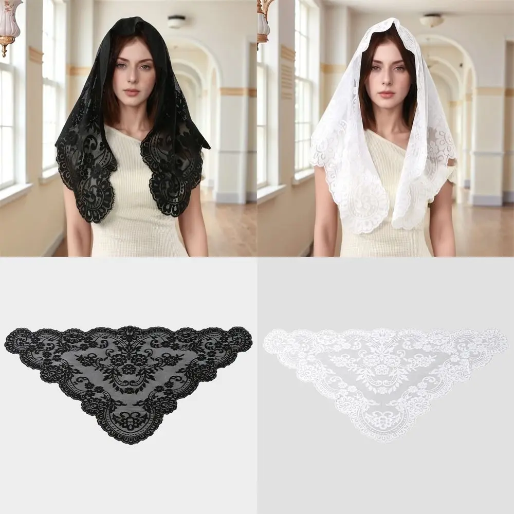 Elegant 172*63cm Flower Embroidery Scarf Solid Color Breathable Lace Triangle Scarf Embroidery Lace Head Covering for Women