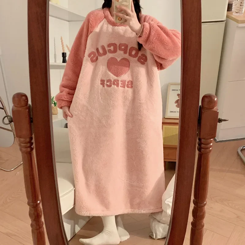 Plus Size 5XL Flannel Female Nightgown Sleepwear Thicken Coral Fleece Loungewear Autumn Winter Flannel Warm Home Dressing Gown