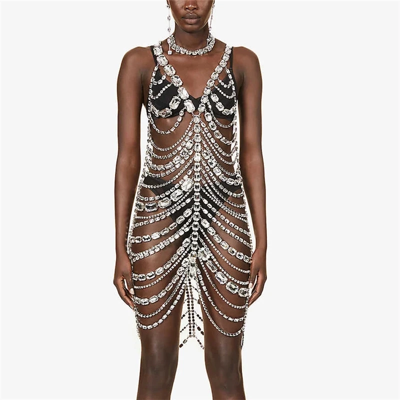 Vestido de cristal de lujo para mujer, minivestido de fiesta de cumpleaños con diamantes de imitación, piedras brillantes, cadena de Metal, joyería, disfraz para espectáculo en escena