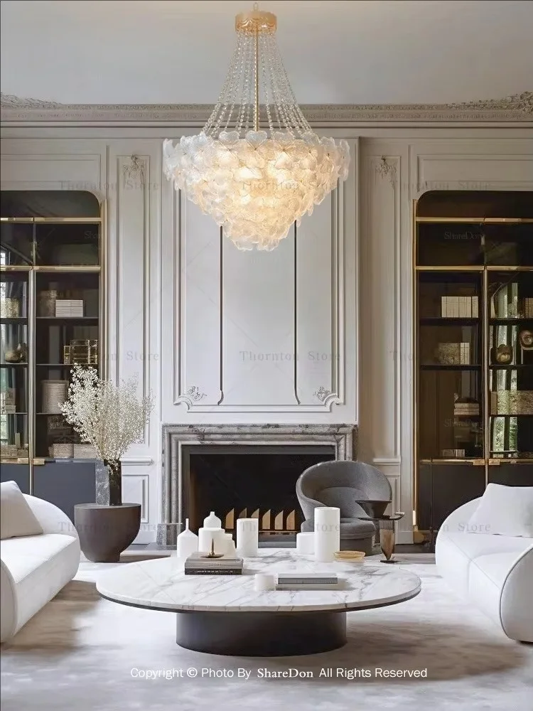 

French Living Room Chandelier Light Luxury Style Glass Bedroom Lamp High-end Atmosphere Hall Lamp Flower Restaurant Room Lamp
