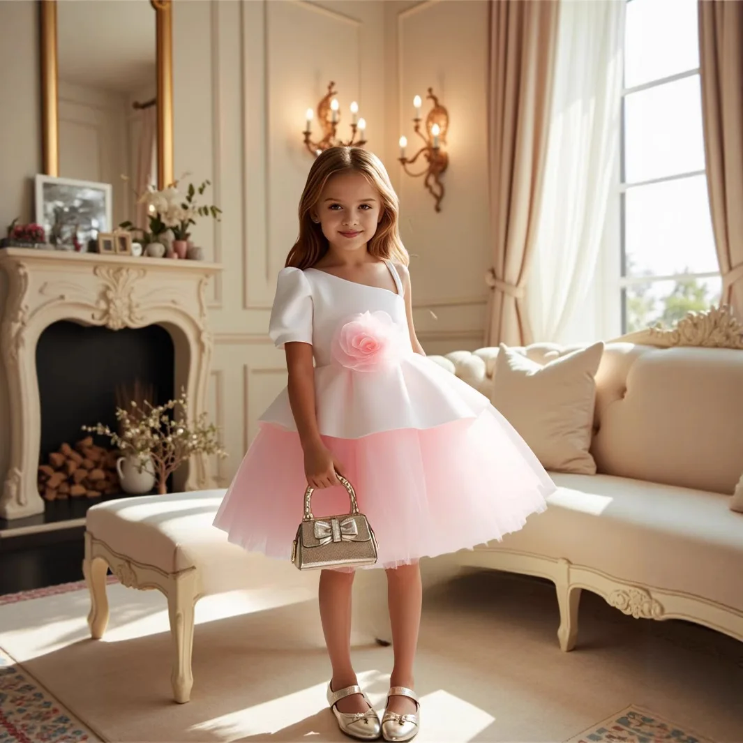 Baby Toddler Girls Dresses Flower Rose Princess Formal Party Wedding Birthday Ball Gown Puff Mesh Tutu Tulle Kids Outfit Elegant
