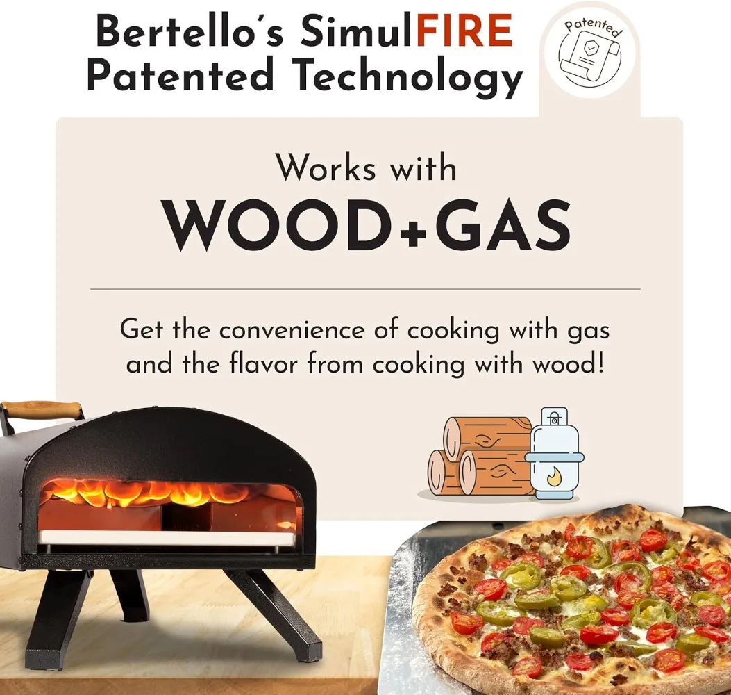 Bertello SimulFIRE Outdoor Pizza Oven Bundle - Wood Fire Portable 12 inch Brick with Gas Burner, Peel, Wood Tray, Cover