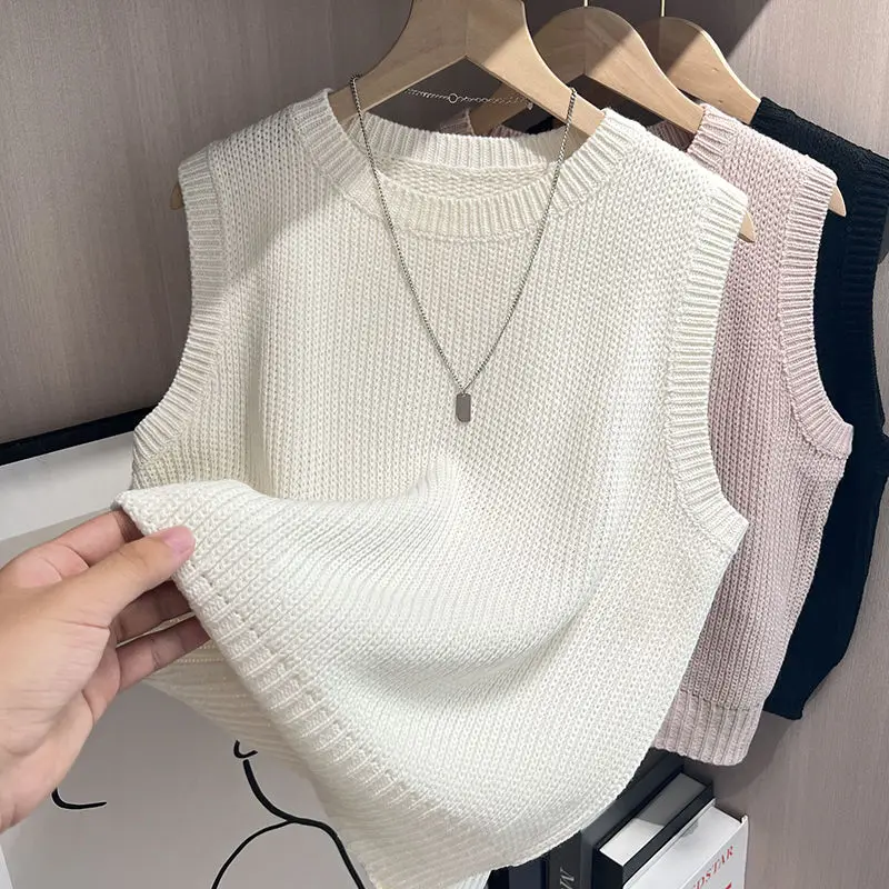 2024 Summer Slim Knit Thin Vest Women Off Shoulder Tops Comfortable and Breathable Ice Silk Round Neck Sleeveless Top,