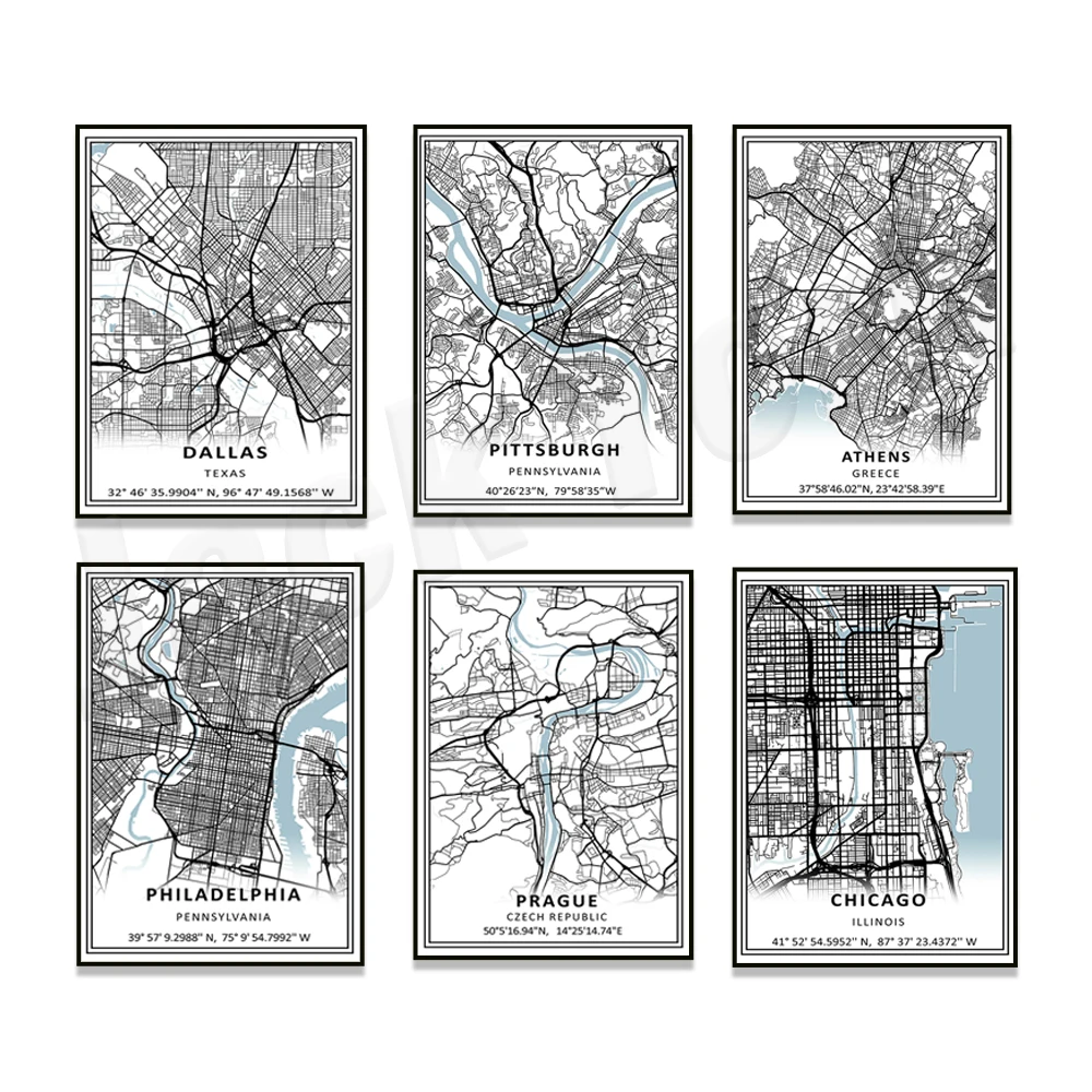 Texas, Illinois, Athens, Stockholm, Prague, Vancouver, Memphis Tennessee, Manchester City England, Pennsylvania city map poster