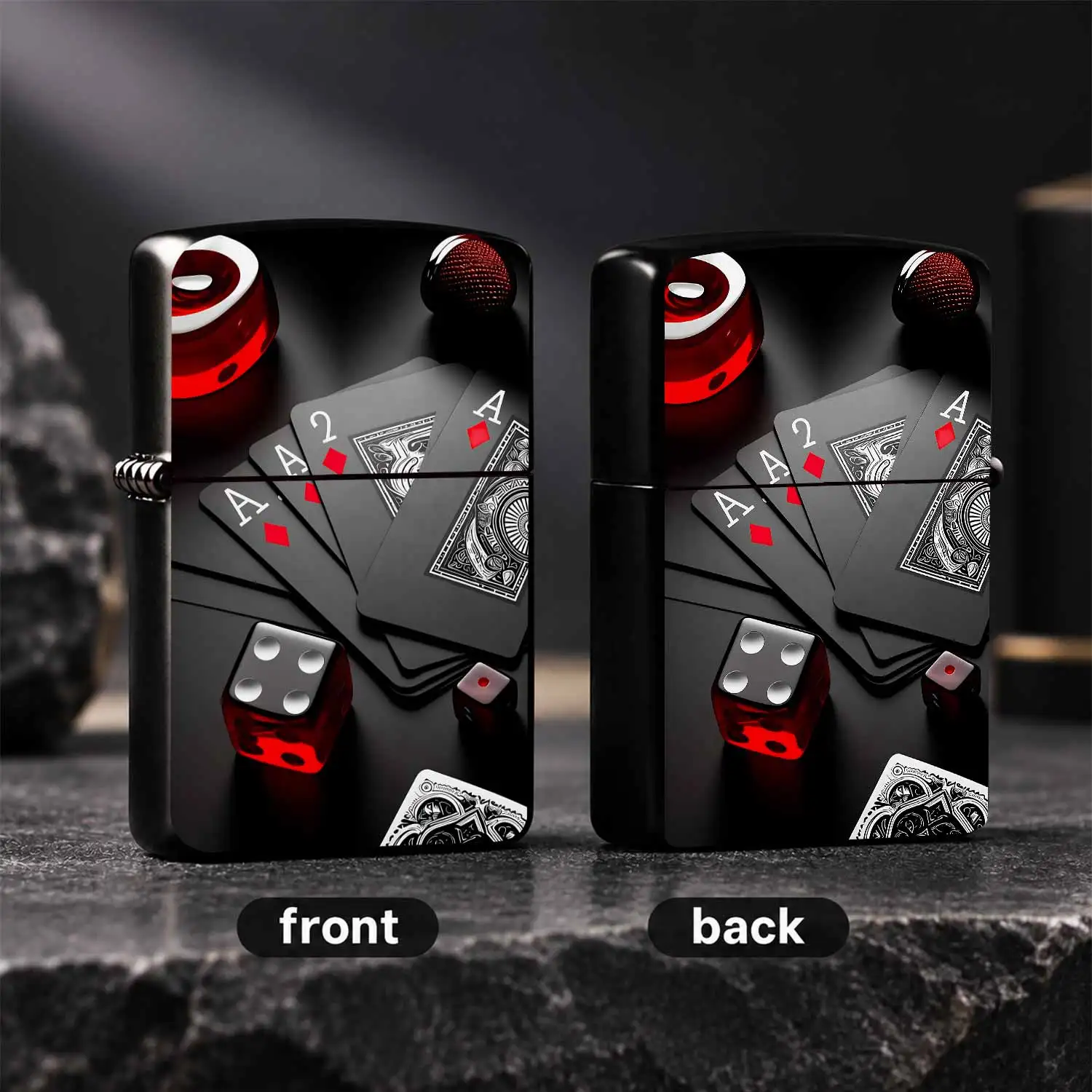 Stylish Black-Red Casino Themed Portable Lighter, Exquisite Printed Playing Cards Dice Pattern Utility, Smooth Compact Carry Item for Daily Commute, Gatherings, Travel, Ideal Unique Gift with Premium Vibe, Fits All Scena A Humorous And Inte