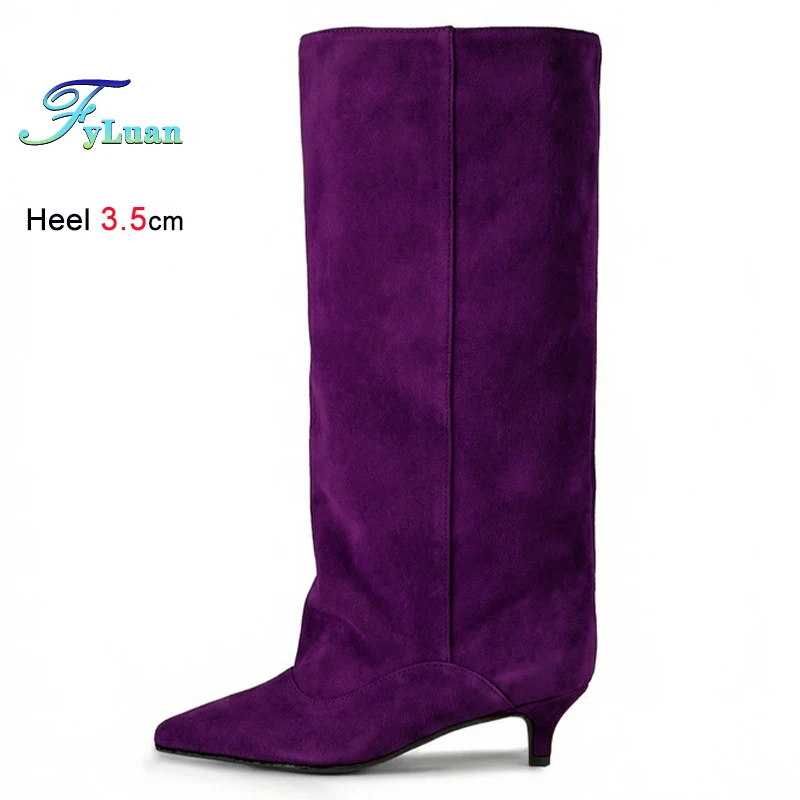 

Женские высокие сапоги из фиолетовой замши на среднем каблуке 3,5 см с острым носком, осень-зима 2026, повседневная модная обувь CD