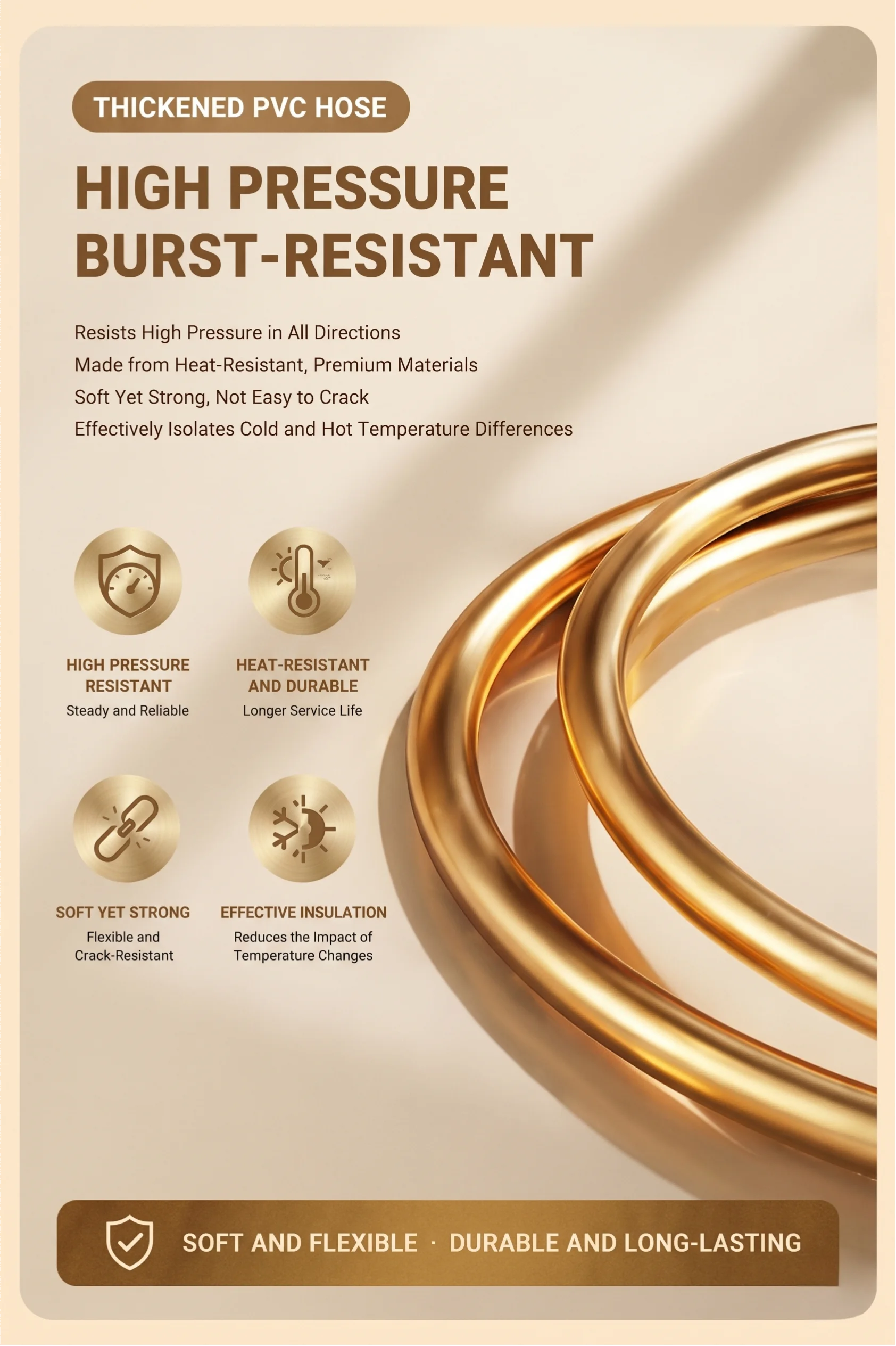 Sunset Gold Smooth PVC Shower Hose 1.5M G1/2 Universal Flexible Bath Pipe 360° Anti-Tangle High Pressure Tube image 2