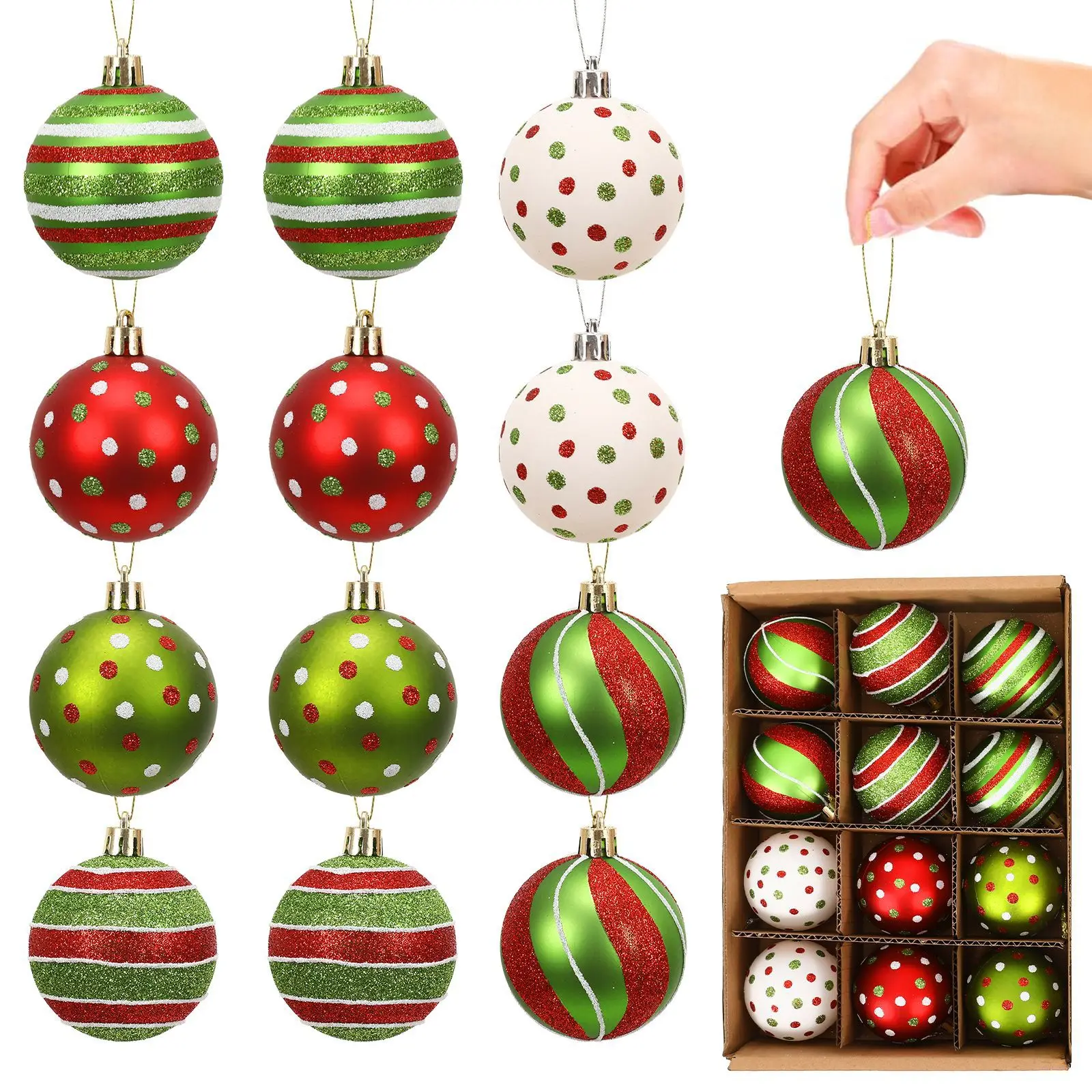 12pcs Polka Dot Christmas Balls, 6cm Matte Glossy Drawing Ornament Balls, Xmas Tree Hanging Baubles Decorations, Shatterproof