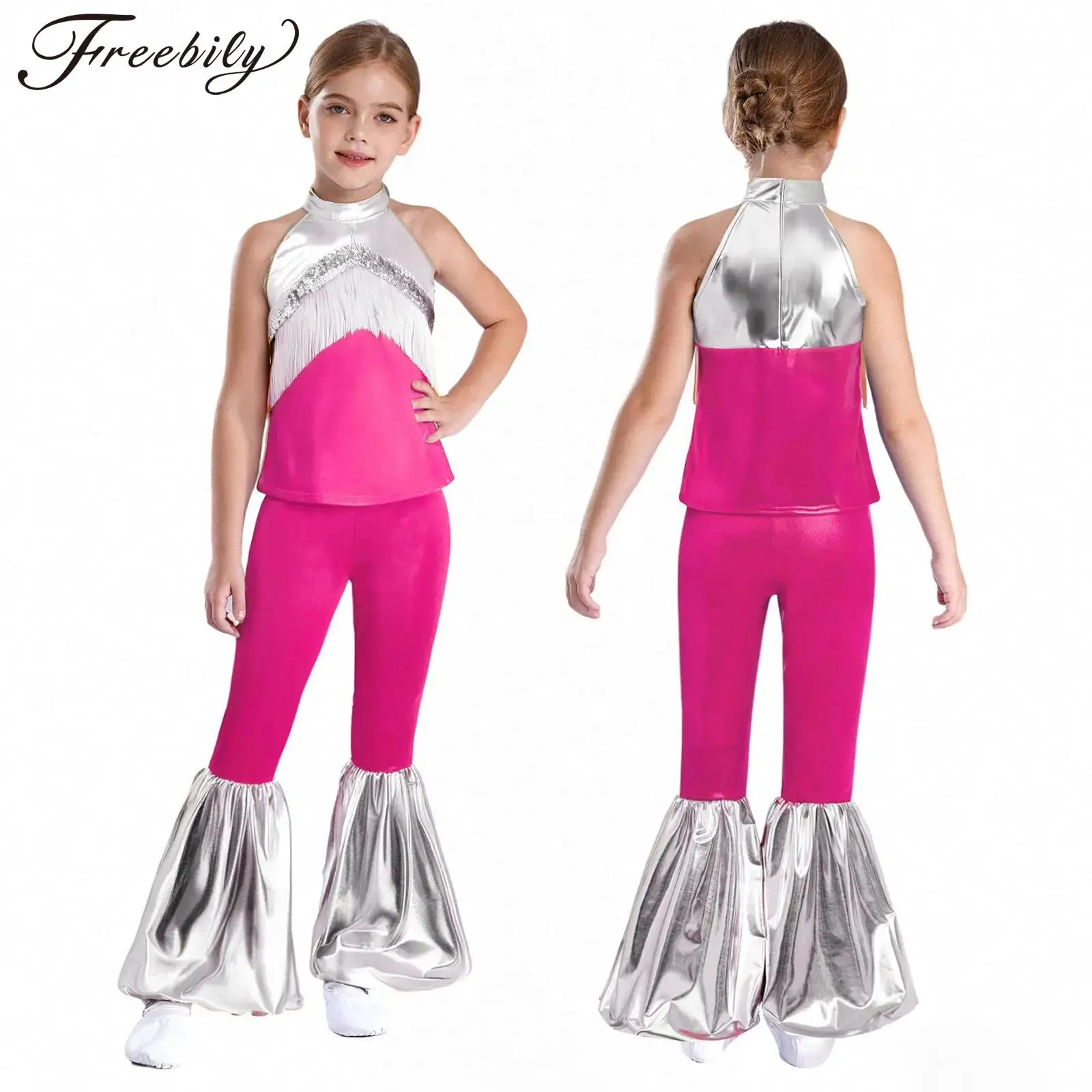 ชุดดิสโก้เด็กผู้หญิง ชุดคอสเพลย์ฮิปปี้ ชุดแสดง ชุดแต่งกายประดับเลื่อมเมทัลลิก เสื้อครอปท็อปพร้อมกางเกงขาบาน สำหรับแต่งตัวสไตล์ยุค 70