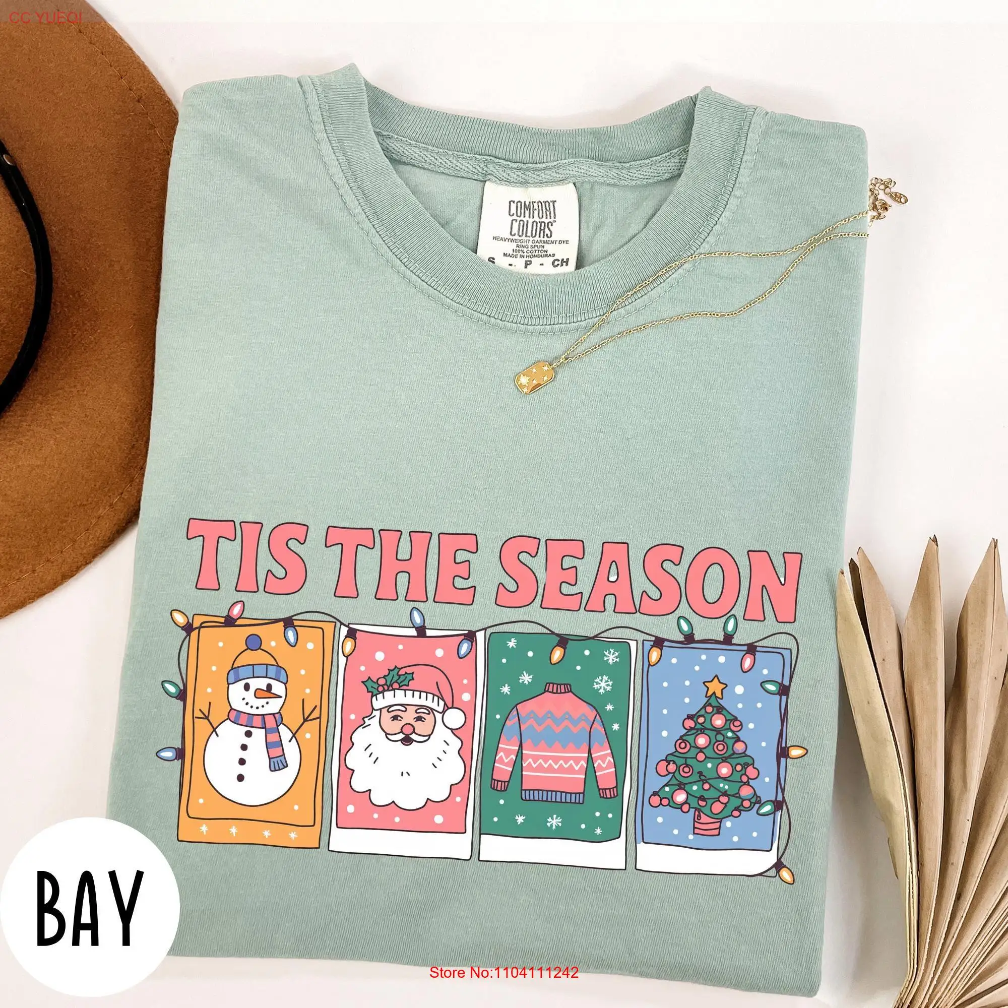 تي شيرت Tis The Season تي شيرت ريترو لعيد الميلاد وشجرة سانتا كلوز رجل الثلج بألوان مريحة وأكمام طويلة أو قصيرة لعيد الميلاد