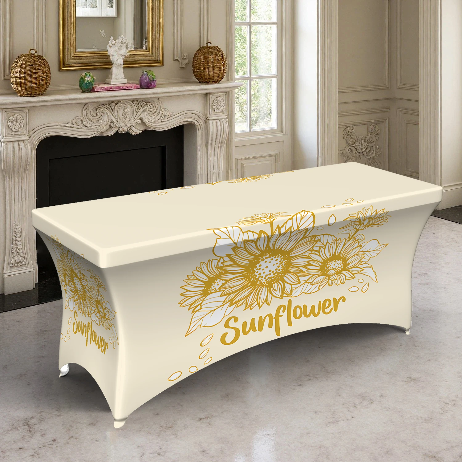 1PC Summer Outdoor Elastic Tablecloth, Sunflower Golden Floral Printed, 4/6/8FT Rectangular Stretchable Table C