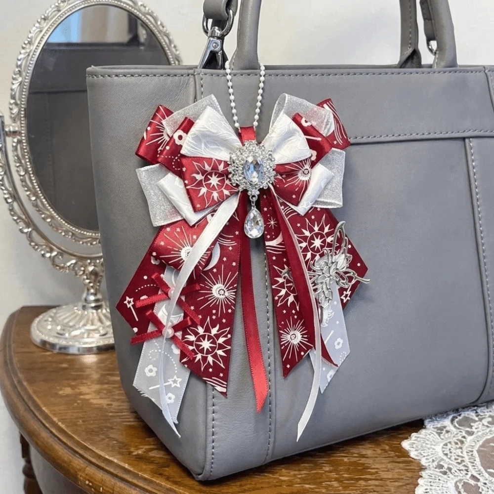 Sweet Double Layer Bowknot Ornament Keychain Rhinestone Long Streamers Pendant Elegant Tassel Lolita Bag Charm Dress