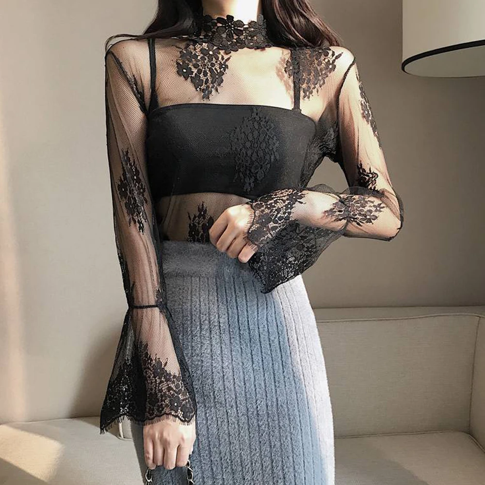 New Trumpet Sleeve Mesh Gauze Hollow T-Shirt Flower Lace Shirt Bottoming All-match S-L Elegant Breathable Cheaper Tops T Shirt