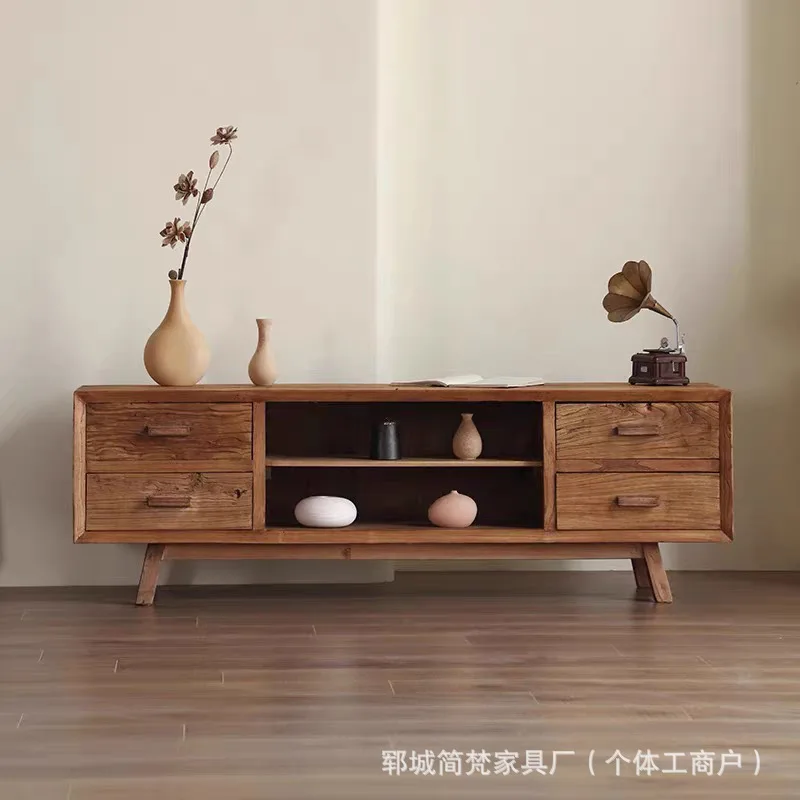 Modern simple solid wood TV cabinet, living room central locker, small household old elm rectangular audio-visual