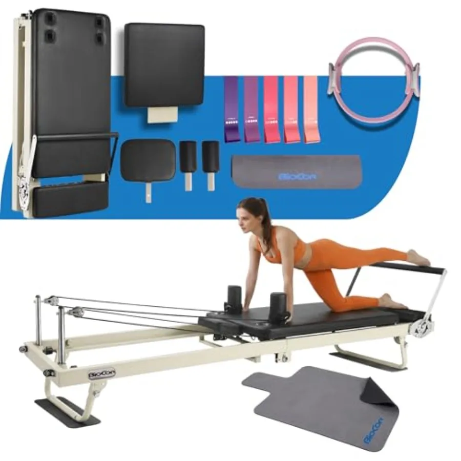 

2ND Gen 92 Extended Pilates Reformer Foldable with Pilates Ring Circle Headrest Jumpboard Dual Resistance Springs Yoga Bands Ma