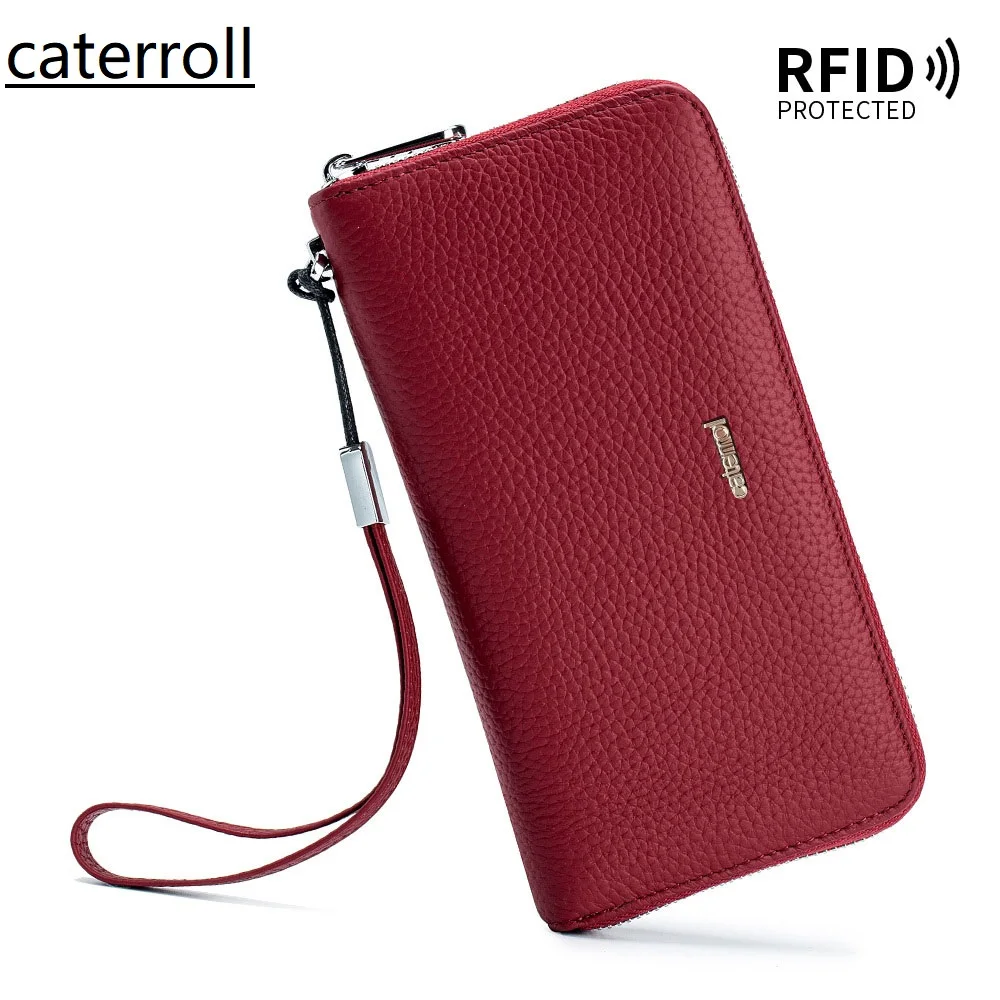 RFID Blocking Genuine Leather Purse Women 2026 New Real Cow Leather Wallet Card Holder Clutch Purse With Wristlet Strap