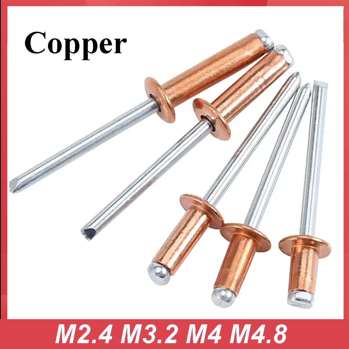 Copper Blind Pop Rivet M2.4 M3.2 M4 M4.8 Dome Head Open Type Steel Shank Mandrel Exhaust Rivets Pull Nail Length 4-30mm