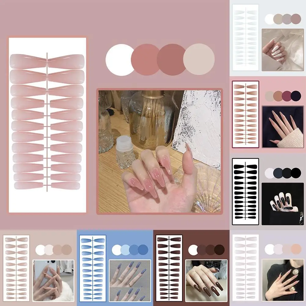 24Pcs Solid Color Fake Nails Bright Long Ballet False Nails Detachable Wearable Full Cover Manicure Press-on Nails For Women New