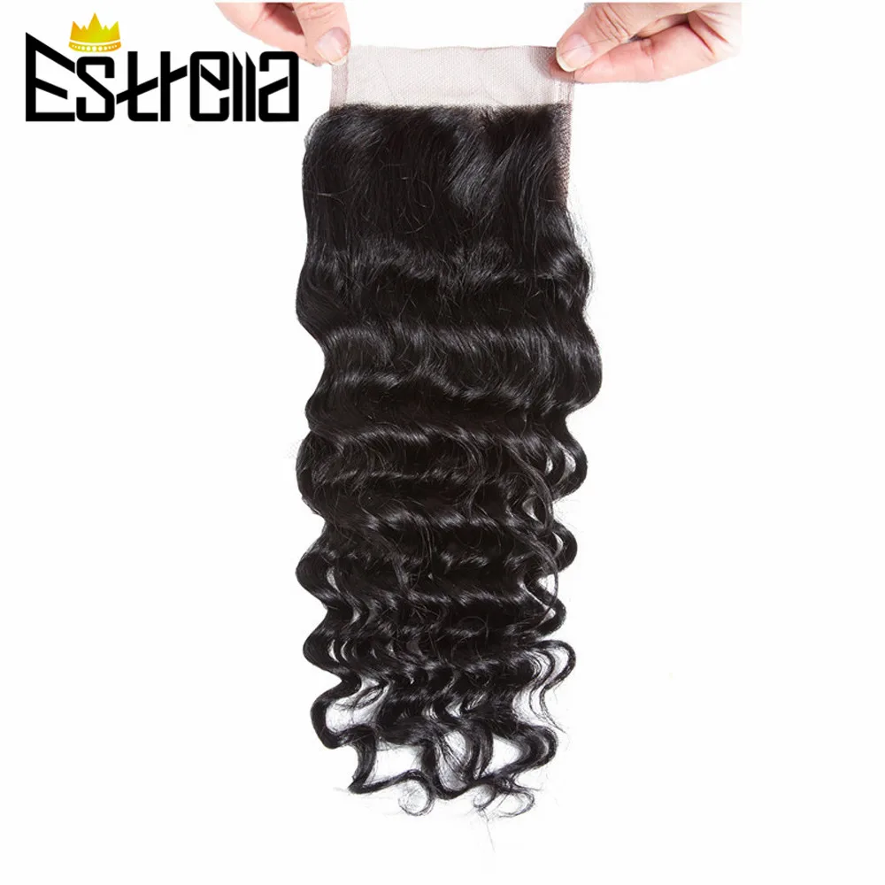 Deep Wave Lace Closure 4x4 Free Part 10-20 inch Lace Closure Nature Color 100% Remy Human Hair Bundles Estrella