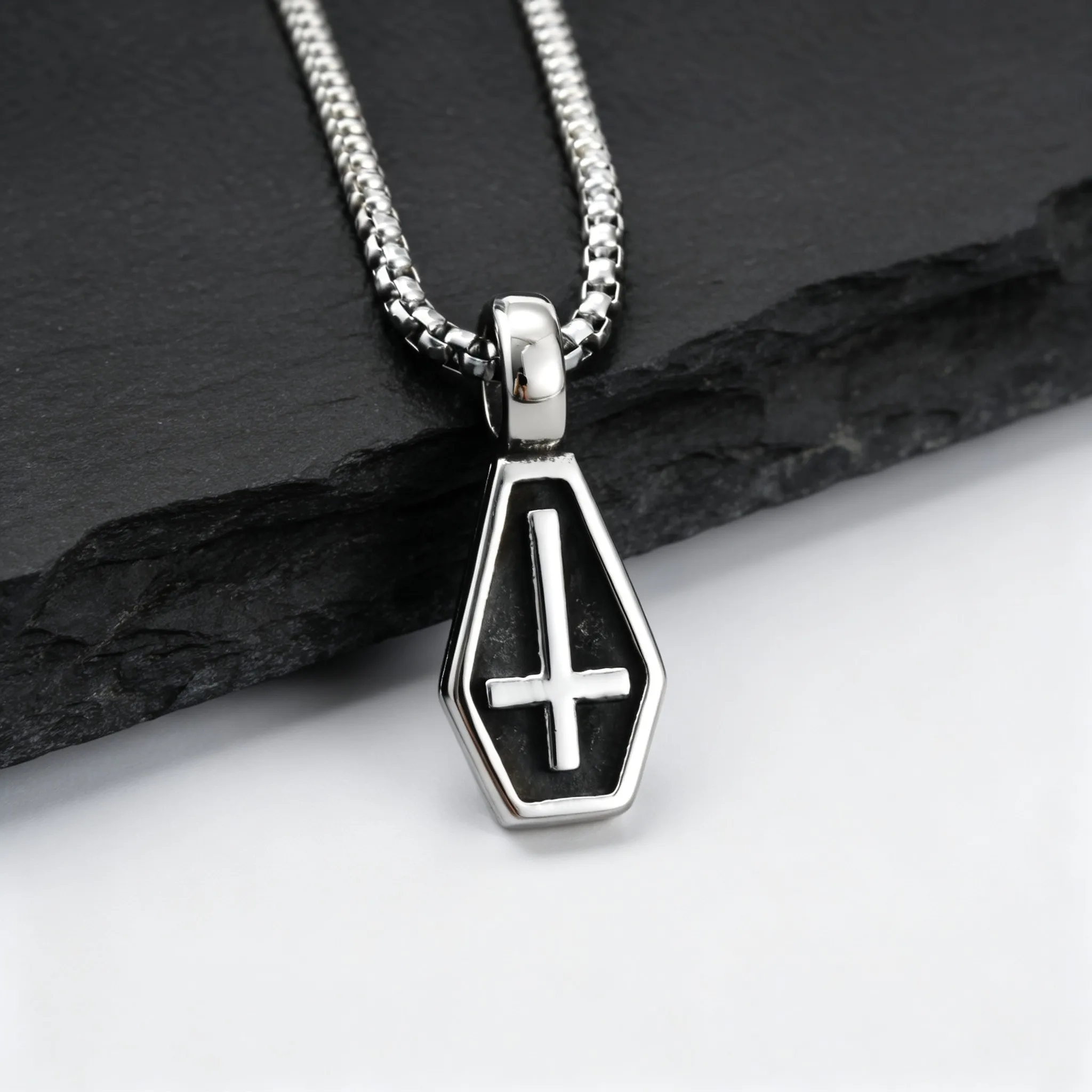 Coffin Inverted Cross Necklace for Men,Gothic Stainless Steel Antique Halloween Vintage Pendant Necklace Gift
