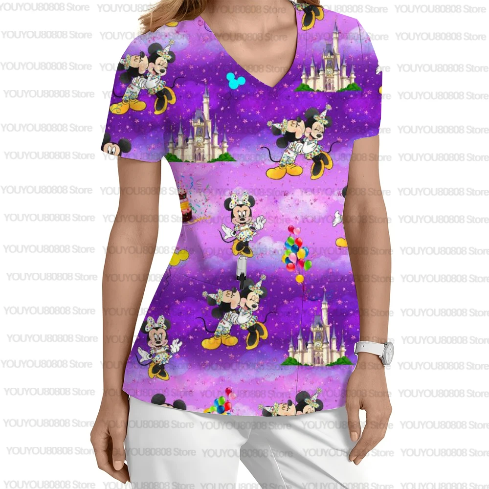 Uniformes médicaux princesse sirène Disney, ruban rose, motif de chasseur de cancer, uniformes pour femmes, col en v, manches courtes avec poches t