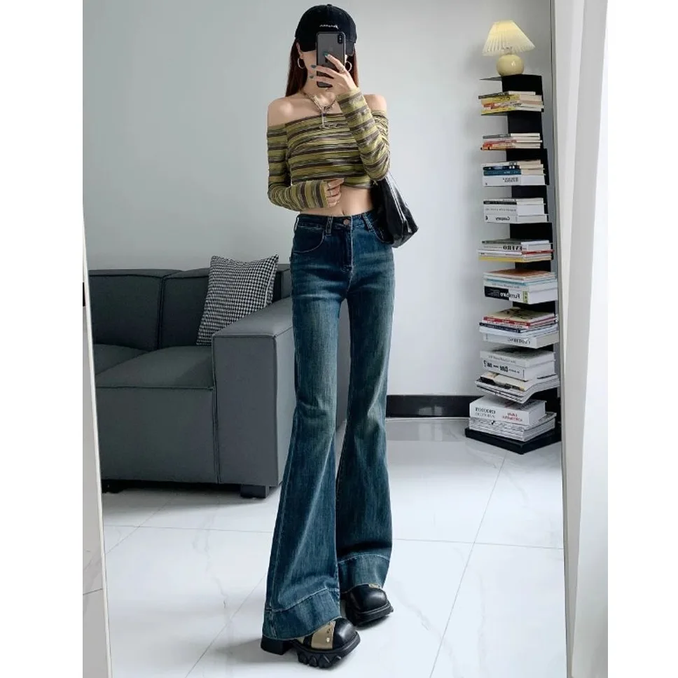 

Ретро джинсы-клеш с высокой талией для женщин, весна-осень, новые, утягивающие, укороченные, свободного кроя, из денима