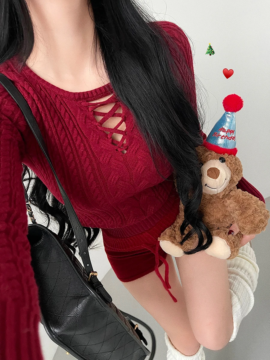 

Cisas Новогодний вязаный свитер Pure Desire с вырезом спереди для похудения, твист-пряжа, ажурный дизайн, облегающий базовый слой, свитер...