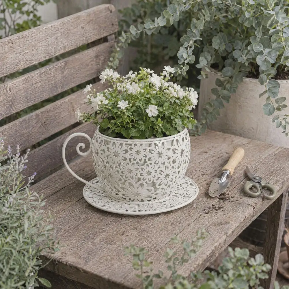 Garden Decoration Pot Elegant Tea Cup Planter with Floral Cutout Pattern Decorative Flowerpot for Indoor Outdoor Use Stylish