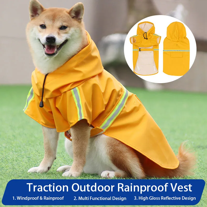 

Waterproof Large Dog Raincoat Pet Hooded Raincoat With Reflective Strap Pet Windproof Rainproof Hooded Raincoat for Dog