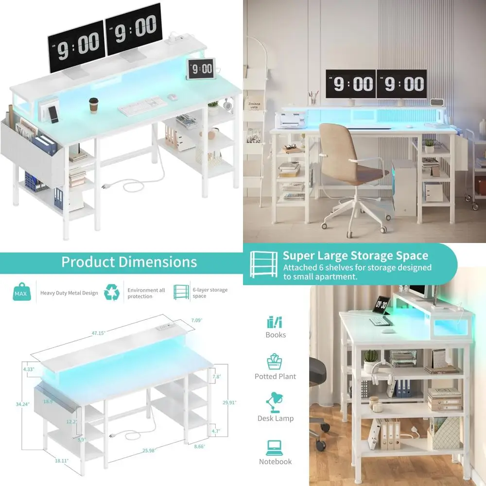 

47 LED-lit Home Office Gaming Desk with Storage Shelves and Monitor Stand