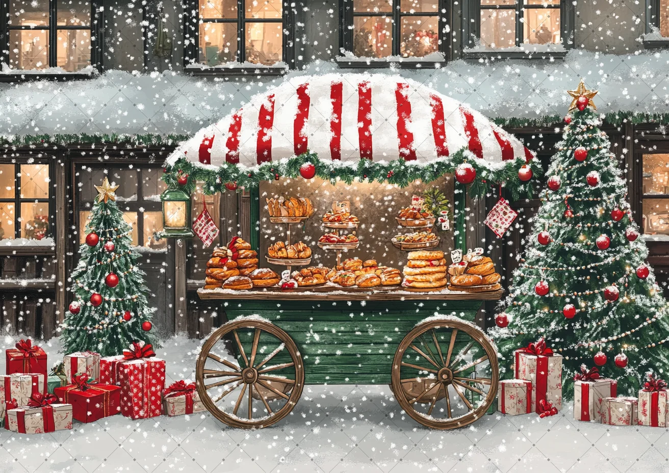 Christmas Bakery Cart Backdrop Red White Striped Awning Pastry Display Pine Tree Red Gift Box Snowy Street Shoot Background