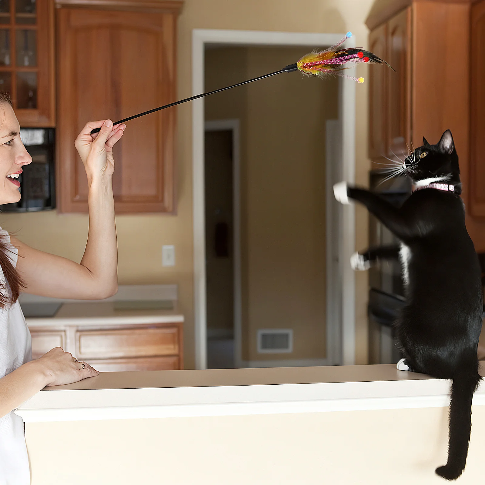 

4 pcs Cat Teaser Wand With Bell Anti-Skid Handle Colorful Stripe For Interactive Play Household Cats Pet Enrichment