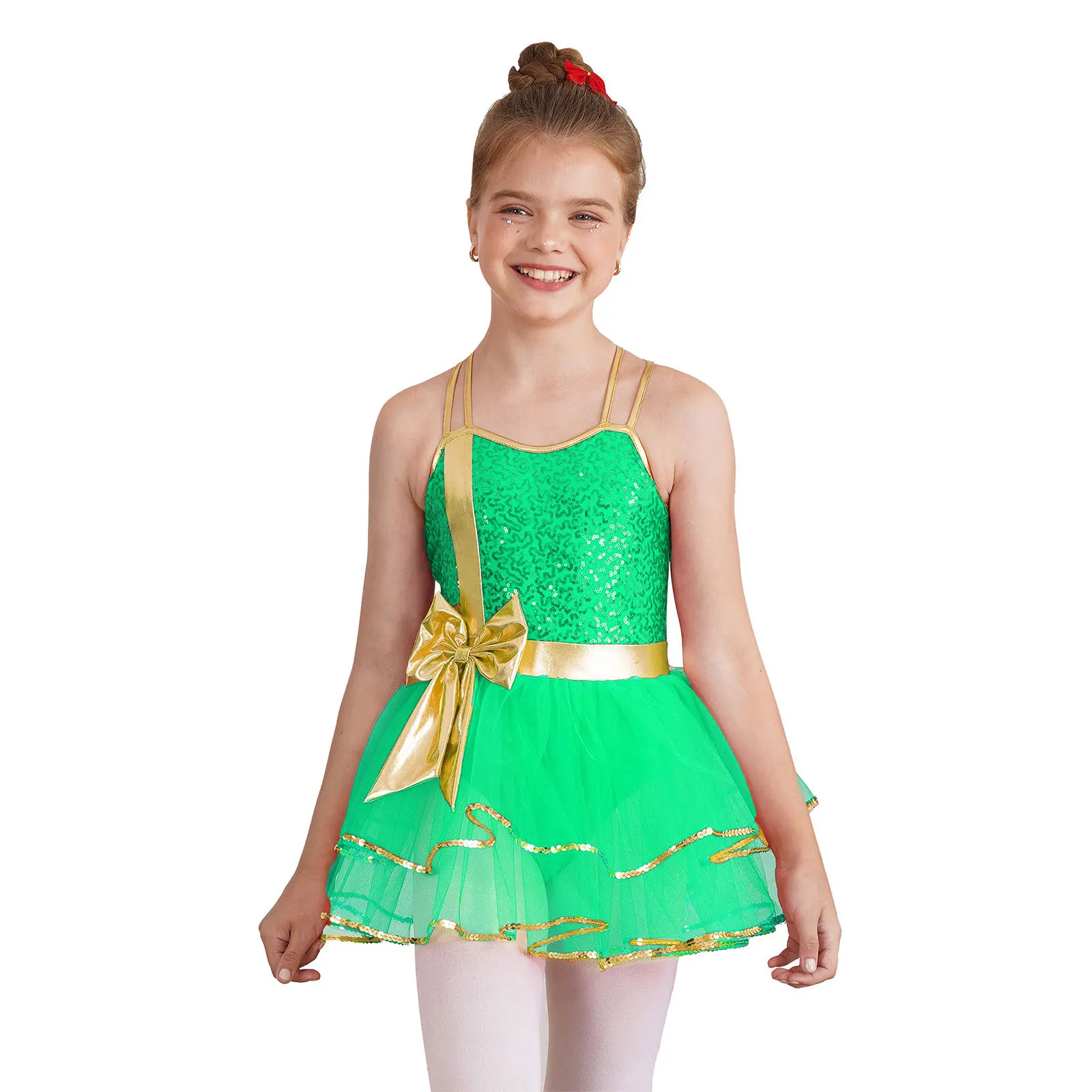 Teen Girls Christmas Dress Tutu Sleeveless Shiny Sequins Bow Cami Dress Dance Leotard Dresses for Cosplay Xmas Party Performance