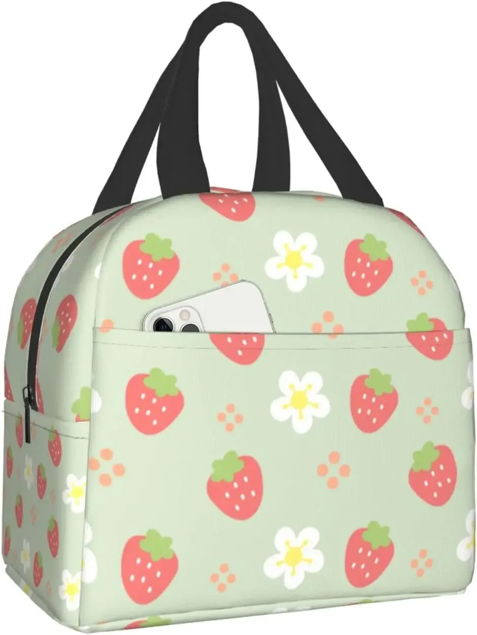 Green Strawberry and Flowers Lunch Bag Small Insulated Lunch Box with Front Pocket Aesthetic Lunch Bags for Girls Boys Freezable