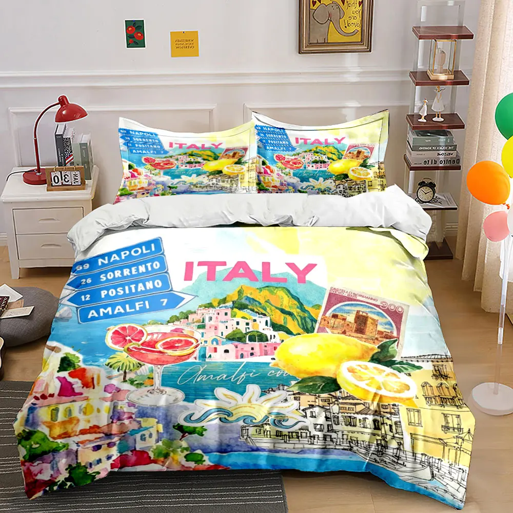 Italy Amalfi Coast Travel Collage Bedding Set,Lemon Coastal Town Cocktail Vintage Stamp Map Print Duvet Cover Set,Home Decor 3PC