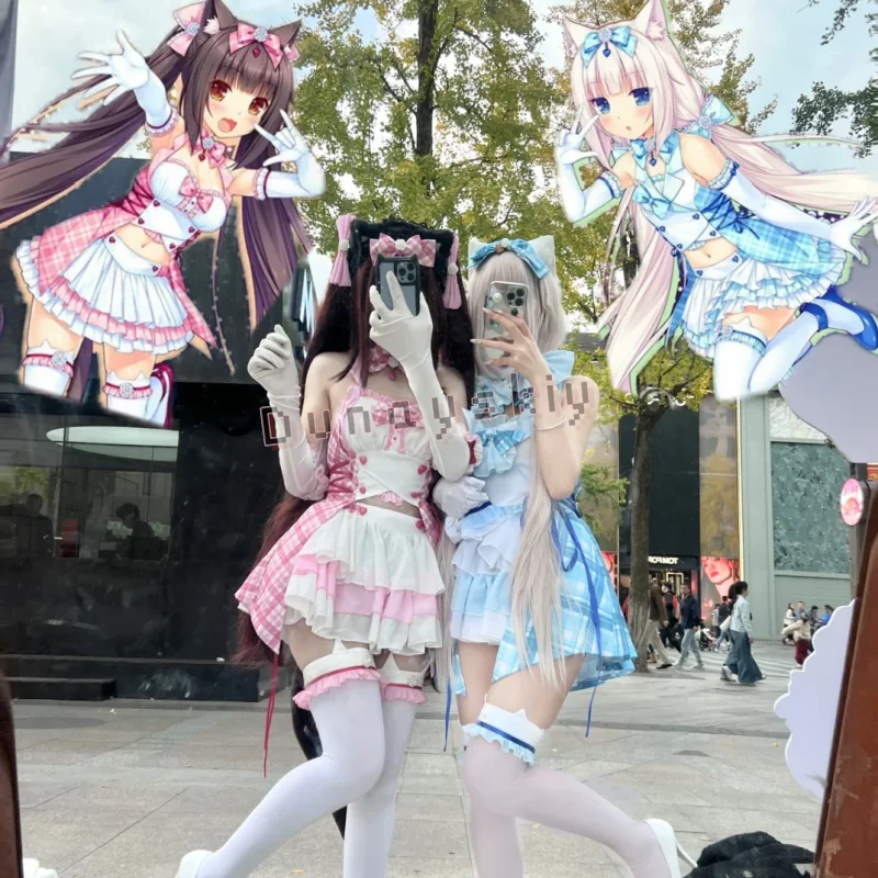 

Chocola Vanilla Idol Stage Uniform Pink Blue Kawaii Sleeveless Vest Mini Dress Furry Tail Halloween Cosplay Galgame NEKOPARA