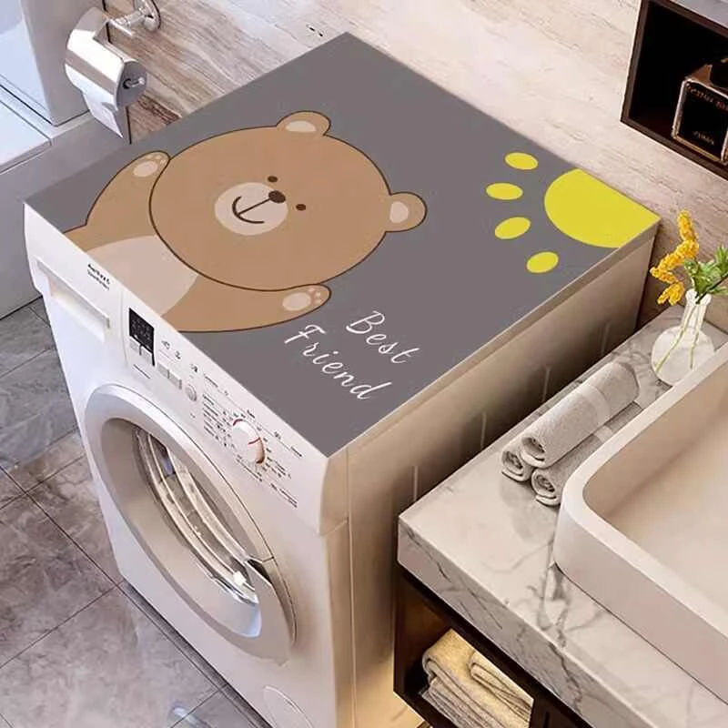 VIKAMA Black Stripe Grey Splicing Panda Pattern Washer Dryer Top Pad Water Resistant Anti Slip Laundry Room Decor Mat